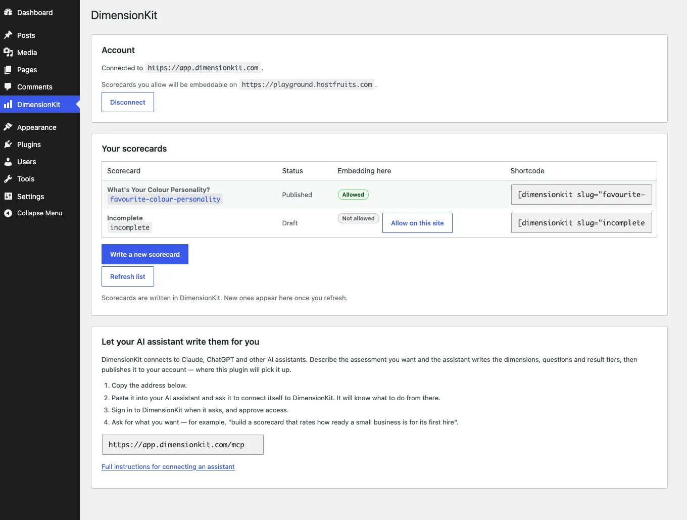 DimensionKit settings screen in WordPress
