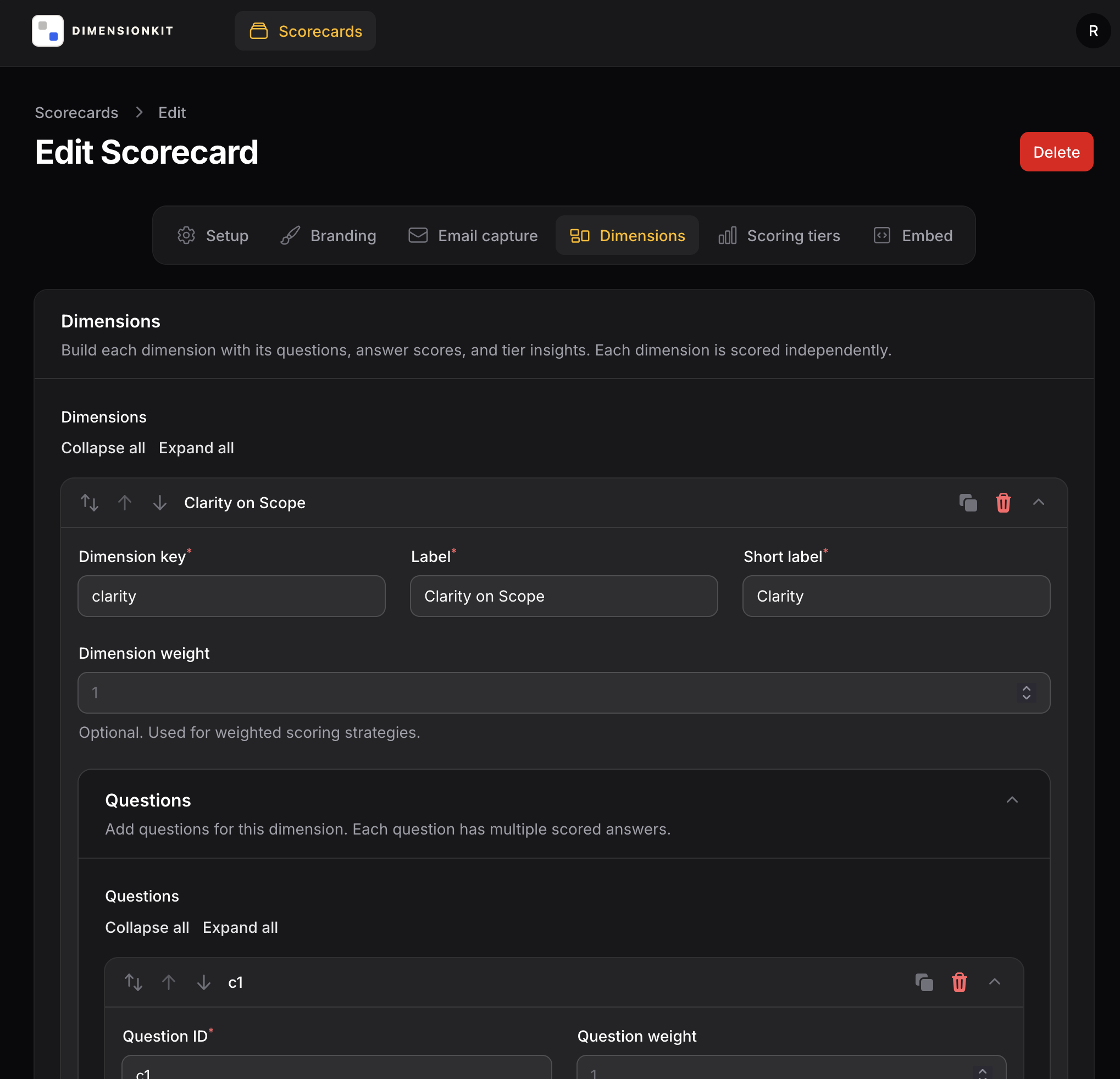 Admin scorecard editor with dimensions, questions, and tier configuration.