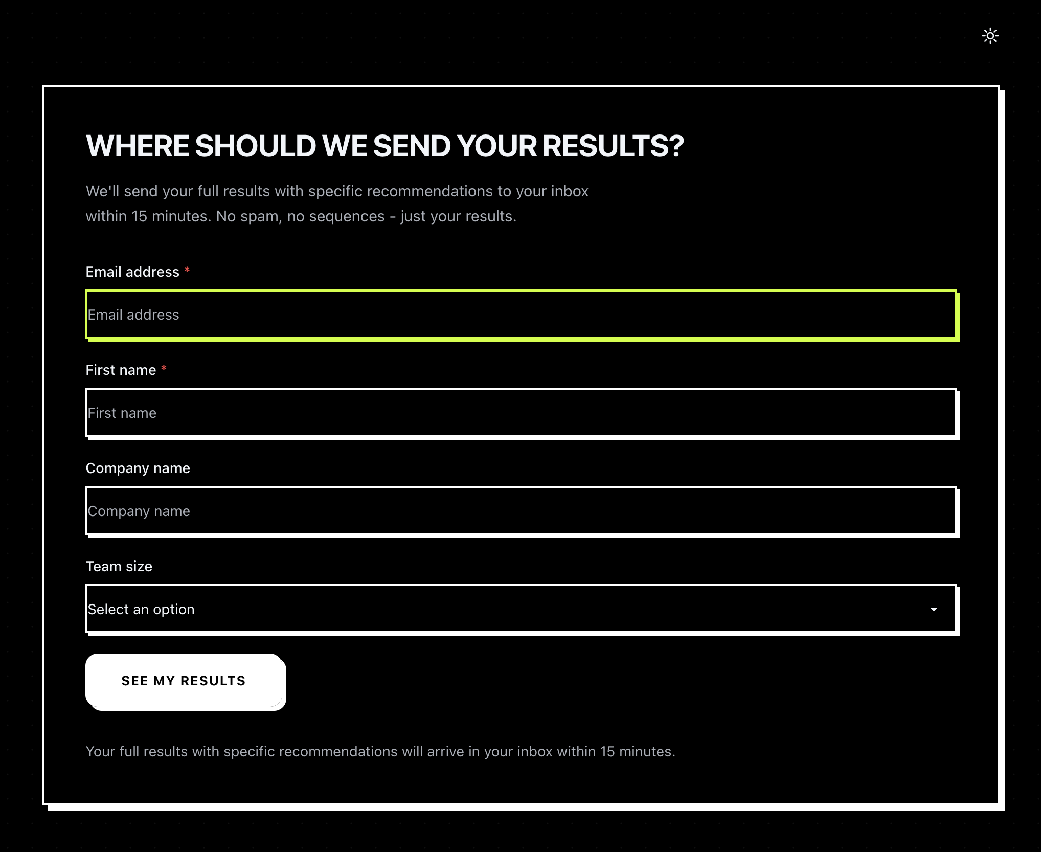 Email capture screen with email, first name, company name, and team size fields.