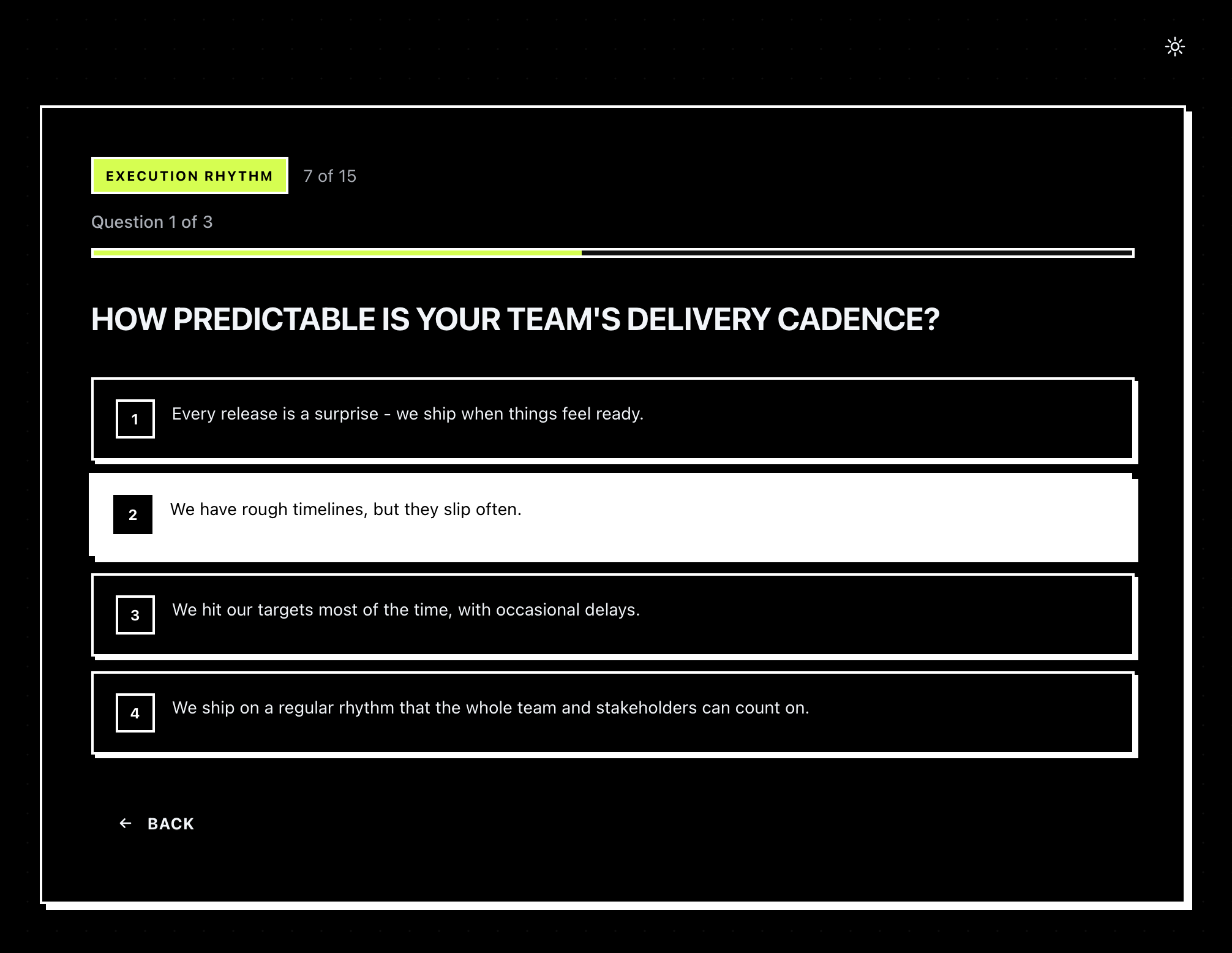 A scored question with four answer options and a progress indicator.